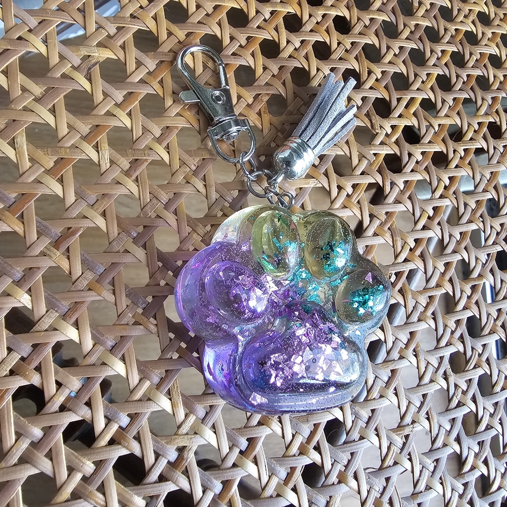 Handmade Beautiful Beacon Resin Purple and Green Paw Purse Charm Key Chain